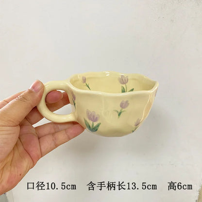Ceramic Mugs Coffee Cups Hand Pinched Irregular Flower Milk Tea Cup Ins Oatmeal Breakfast Mug Drinkware Kitchen Korean Style