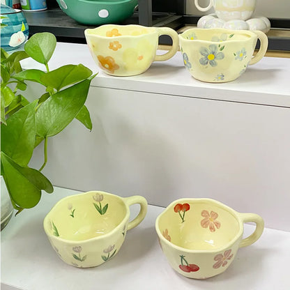 Ceramic Mugs Coffee Cups Hand Pinched Irregular Flower Milk Tea Cup Ins Oatmeal Breakfast Mug Drinkware Kitchen Korean Style