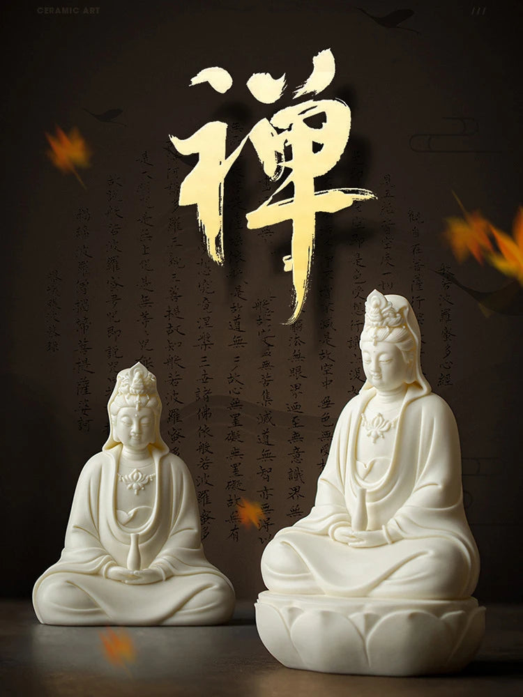 Ceramic Nanhai Guanyin Bodhisattva Buddha Statue  White Porcelain Lotus Guanyin High-end home lucky decorative statue