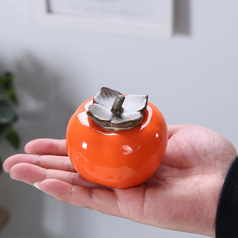Ceramic Persimmon Tea Caddy, Portable Tea Storage Tank, Kitchen Decoration Accessories, Persimmon Canister Container for Puer