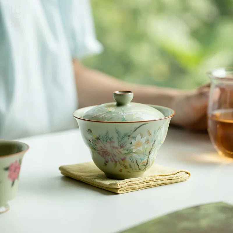 Ceramic Pigmented Gaiwan Teaware Set Chinese Sancai Tea Bowl Cups Porcelain Tea Cups Handmade Tea Tureen Tea Set
