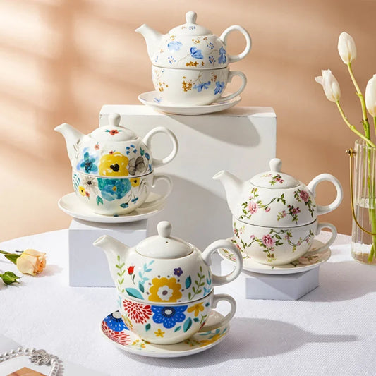 Ceramic Portable Creative Flower Tea Set European Style One Teapot One Cup and Saucer Set Simple Household Office Tea Set
