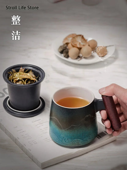 Ceramic Retro Coffee Cup Office Water Cup Filter Tea Cup with Cover Cups and Mugs Wooden Handle Caneca Birthday Gift Box CM061