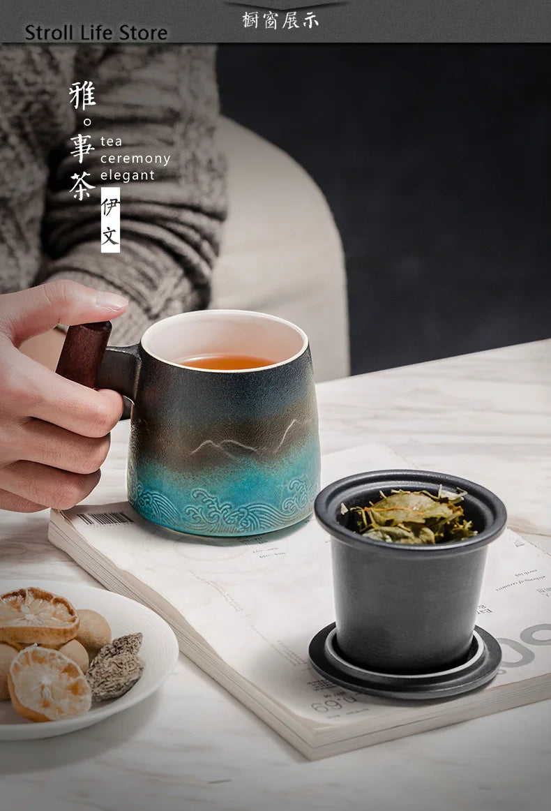 Ceramic Retro Coffee Cup Office Water Cup Filter Tea Cup with Cover Cups and Mugs Wooden Handle Caneca Birthday Gift Box CM061