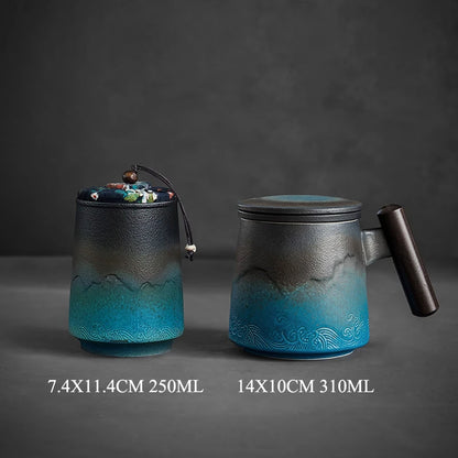 Ceramic Retro Coffee Cup Office Water Cup Filter Tea Cup with Cover Cups and Mugs Wooden Handle Caneca Birthday Gift Box CM061
