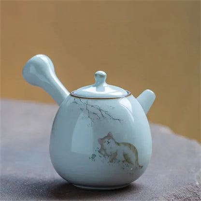 Ceramic Ru Kiln Cute Cat Teapot Creative Retro Household Side Handle Tea Pot Porcelain Chinese Kung Fu Kettle Drinkware Tea Set