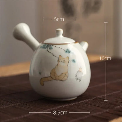 Ceramic Ru Kiln Cute Cat Teapot Creative Retro Household Side Handle Tea Pot Porcelain Chinese Kung Fu Kettle Drinkware Tea Set