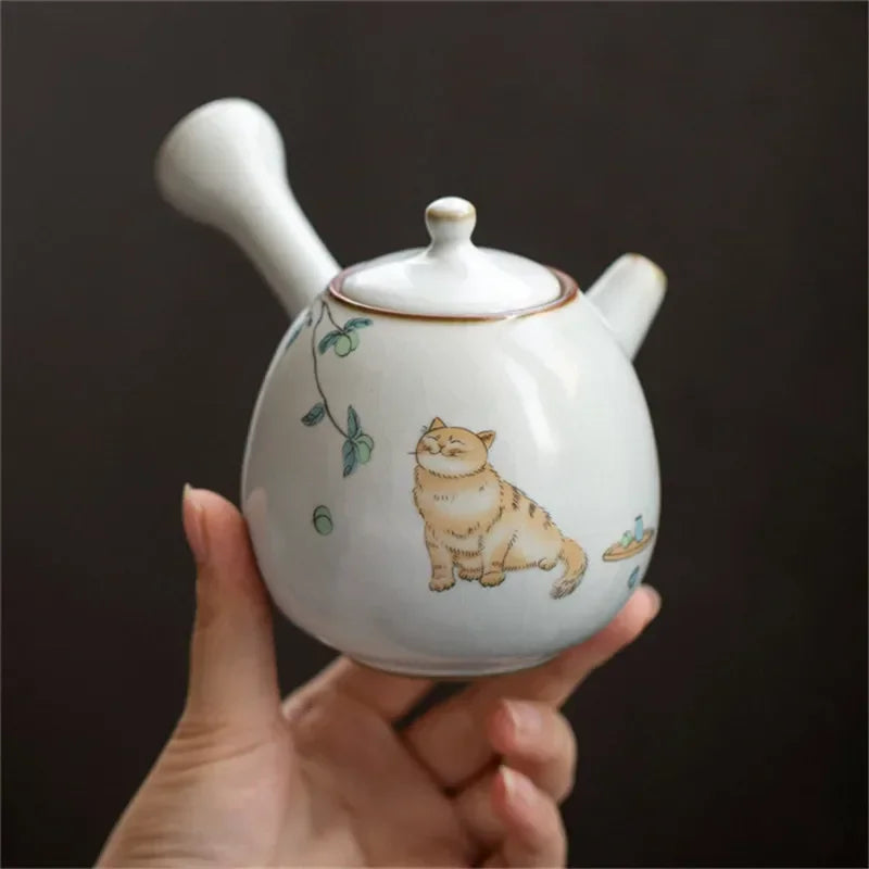 Ceramic Ru Kiln Cute Cat Teapot Creative Retro Household Side Handle Tea Pot Porcelain Chinese Kung Fu Kettle Drinkware Tea Set