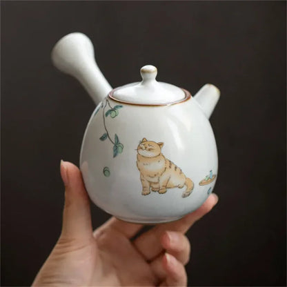 Ceramic Ru Kiln Cute Cat Teapot Creative Retro Household Side Handle Tea Pot Porcelain Chinese Kung Fu Kettle Drinkware Tea Set
