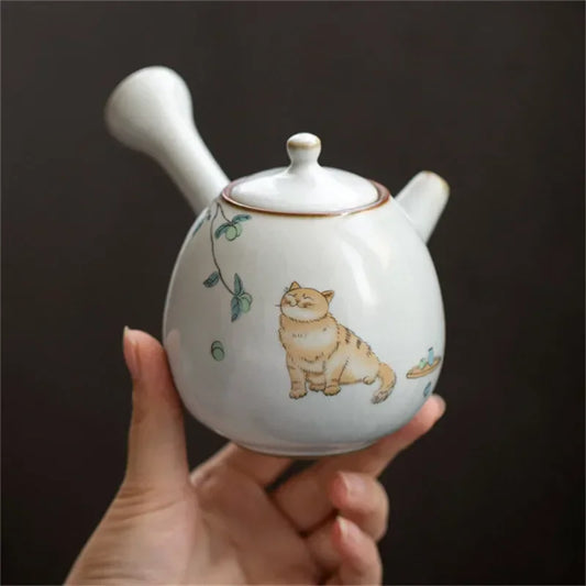 Ceramic Ru Kiln Cute Cat Teapot Creative Retro Household Side Handle Tea Pot Porcelain Chinese Kung Fu Kettle Drinkware Tea Set