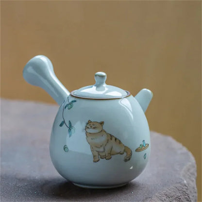 Ceramic Ru Kiln Cute Cat Teapot Creative Retro Household Side Handle Tea Pot Porcelain Chinese Kung Fu Kettle Drinkware Tea Set