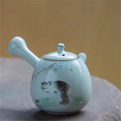 Ceramic Ru Kiln Cute Cat Teapot Creative Retro Household Side Handle Tea Pot Porcelain Chinese Kung Fu Kettle Drinkware Tea Set