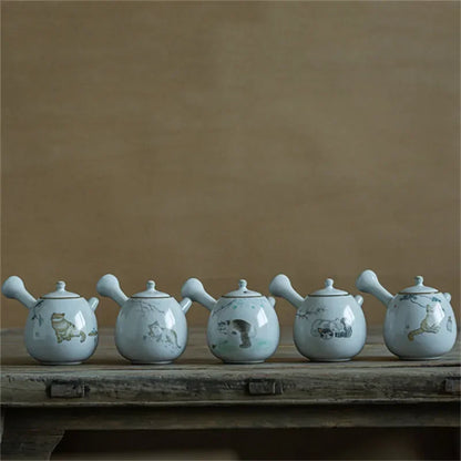 Ceramic Ru Kiln Cute Cat Teapot Creative Retro Household Side Handle Tea Pot Porcelain Chinese Kung Fu Kettle Drinkware Tea Set