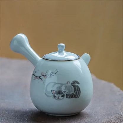 Ceramic Ru Kiln Cute Cat Teapot Creative Retro Household Side Handle Tea Pot Porcelain Chinese Kung Fu Kettle Drinkware Tea Set