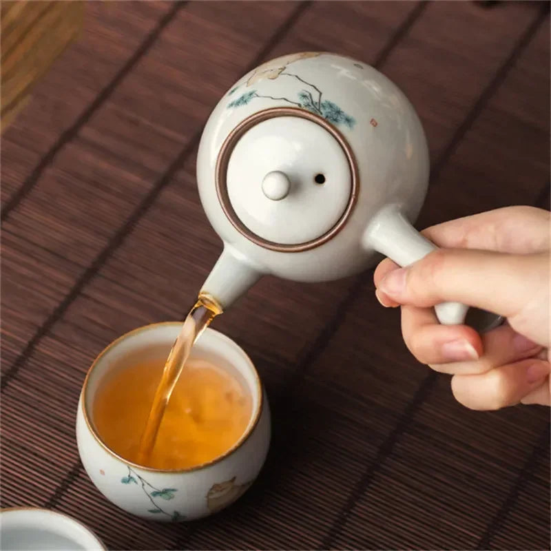 Ceramic Ru Kiln Cute Cat Teapot Creative Retro Household Side Handle Tea Pot Porcelain Chinese Kung Fu Kettle Drinkware Tea Set