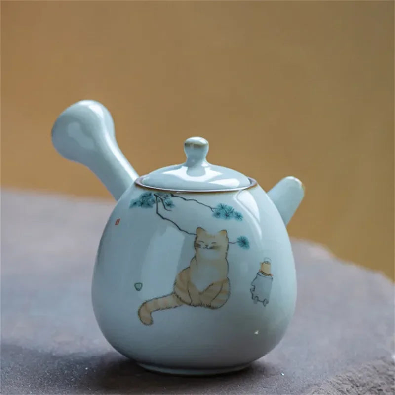 Ceramic Ru Kiln Cute Cat Teapot Creative Retro Household Side Handle Tea Pot Porcelain Chinese Kung Fu Kettle Drinkware Tea Set