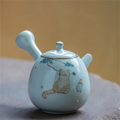 Ceramic Ru Kiln Cute Cat Teapot Creative Retro Household Side Handle Tea Pot Porcelain Chinese Kung Fu Kettle Drinkware Tea Set
