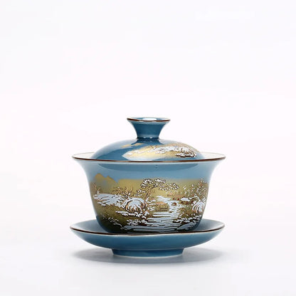 Ceramic Sancai Gaiwan Chinese Tea Tureen on-glazed Teaware Teacups Porcelain Handmade Kung Fu Flower Tea Bowl Cups
