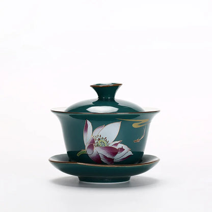 Ceramic Sancai Gaiwan Chinese Tea Tureen on-glazed Teaware Teacups Porcelain Handmade Kung Fu Flower Tea Bowl Cups