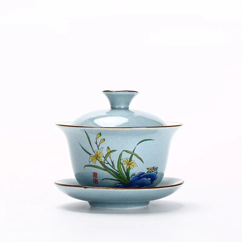 Ceramic Sancai Gaiwan Chinese Tea Tureen on-glazed Teaware Teacups Porcelain Handmade Kung Fu Flower Tea Bowl Cups