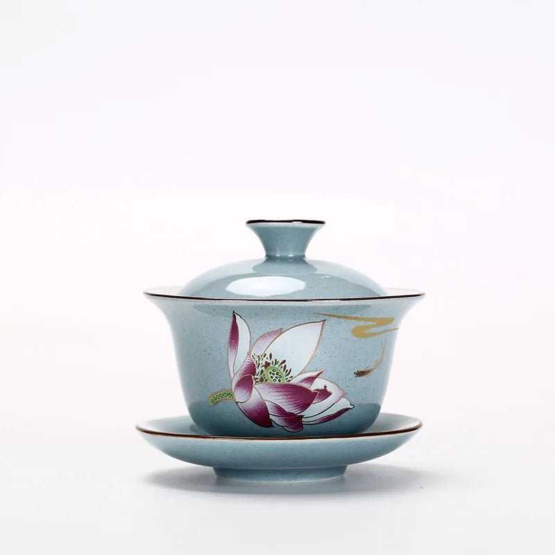 Ceramic Sancai Gaiwan Chinese Tea Tureen on-glazed Teaware Teacups Porcelain Handmade Kung Fu Flower Tea Bowl Cups