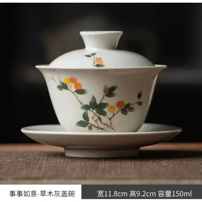 Ceramic Sancai Gaiwan Handmade Tea Tureen Chinese Teacup Hand-painted Flowers Tea Bowl Cups Porcelain Tea  Accessories