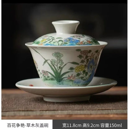 Ceramic Sancai Gaiwan Handmade Tea Tureen Chinese Teacup Hand-painted Flowers Tea Bowl Cups Porcelain Tea  Accessories