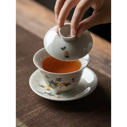 Ceramic Sancai Gaiwan Handmade Tea Tureen Chinese Teacup Hand-painted Flowers Tea Bowl Cups Porcelain Tea  Accessories