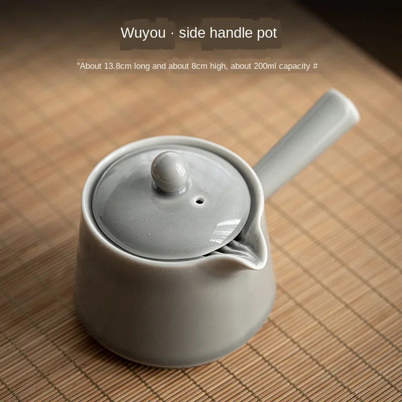 Ceramic Side Handle Pot Japanese Style Handmade Ice Gray Glaze Little Teapot KungFu Tea Set Tea Making Single Teapot Tea Infuser