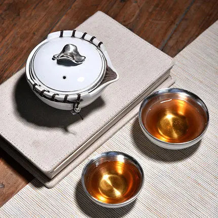 Ceramic Silver Plated Tea Set Bowl Teacup Household Simple Teapot Chinese Style Kungfu Black Da Hong Pao Oolong Tea Teaware