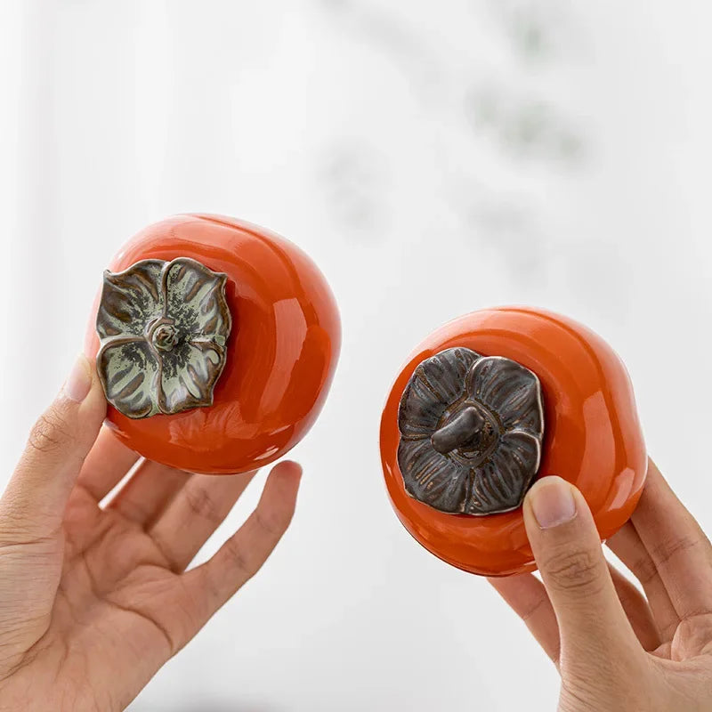 Ceramic Spice Storage Tea Caddies Persimmon Tea Pot Household Small Storage Pot Ornament Tank Pottery Jar Seasoning Container