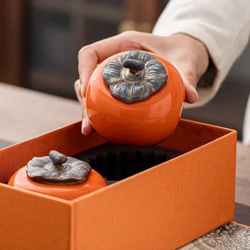 Ceramic Spice Storage Tea Caddies Persimmon Tea Pot Household Small Storage Pot Ornament Tank Pottery Jar Seasoning Container