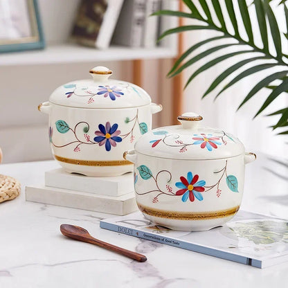 Ceramic Stew Pot Bowl With Lid Handle Large Soup Steam Cup Steaming Egg Slow Bone China Tableware Home Kitchen Cooking Supplies