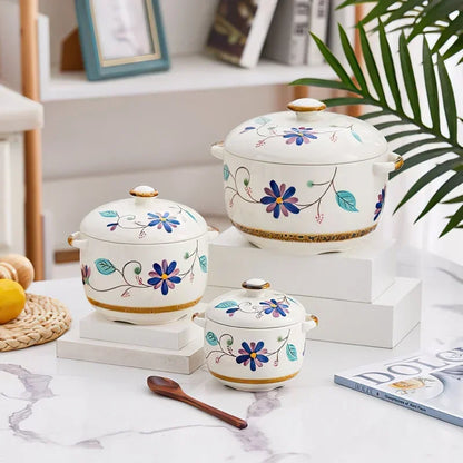 Ceramic Stew Pot Bowl With Lid Handle Large Soup Steam Cup Steaming Egg Slow Bone China Tableware Home Kitchen Cooking Supplies