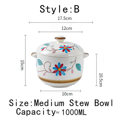 Ceramic Stew Pot Bowl With Lid Handle Large Soup Steam Cup Steaming Egg Slow Bone China Tableware Home Kitchen Cooking Supplies