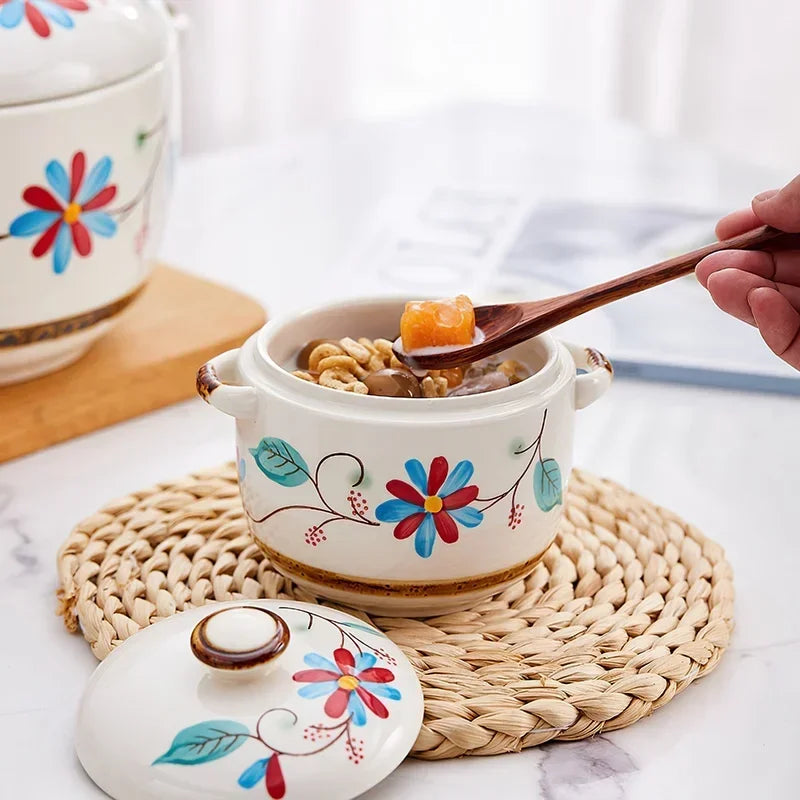 Ceramic Stew Pot Bowl With Lid Handle Large Soup Steam Cup Steaming Egg Slow Bone China Tableware Home Kitchen Cooking Supplies