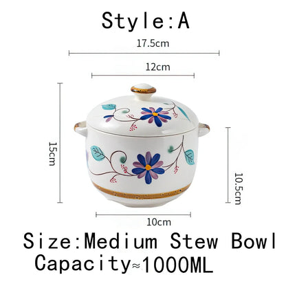 Ceramic Stew Pot Bowl With Lid Handle Large Soup Steam Cup Steaming Egg Slow Bone China Tableware Home Kitchen Cooking Supplies