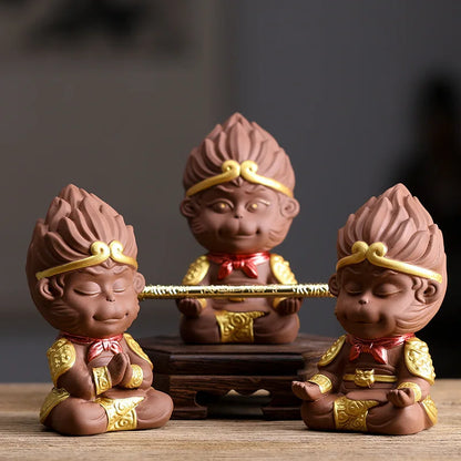 Ceramic TV Character Monkey King Sculpture Statue, Raw ore purple sand tea set ornament Cute Home Decor Crafts 12cm /1.71 in