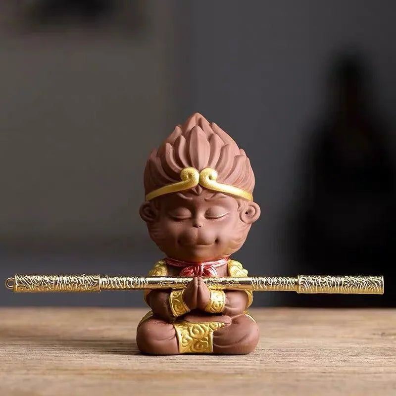 Ceramic TV Character Monkey King Sculpture Statue, Raw ore purple sand tea set ornament Cute Home Decor Crafts 12cm /1.71 in