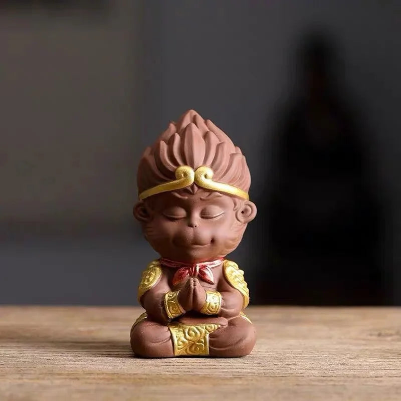 Ceramic TV Character Monkey King Sculpture Statue, Raw ore purple sand tea set ornament Cute Home Decor Crafts 12cm /1.71 in