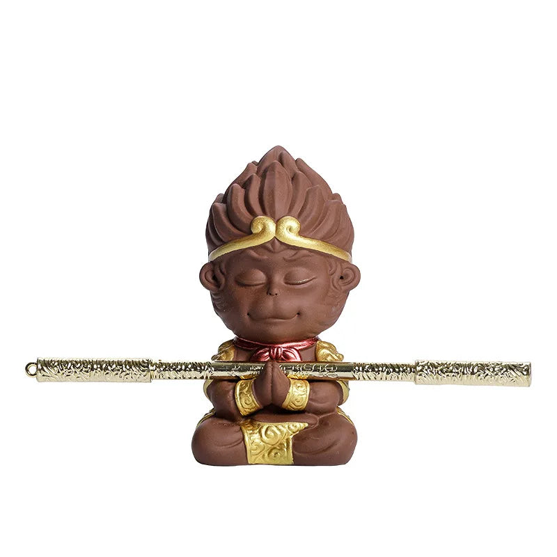 Ceramic TV Character Monkey King Sculpture Statue, Raw ore purple sand tea set ornament Cute Home Decor Crafts 12cm /1.71 in