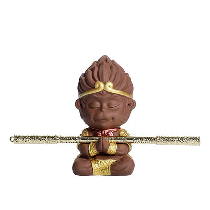 Ceramic TV Character Monkey King Sculpture Statue, Raw ore purple sand tea set ornament Cute Home Decor Crafts 12cm /1.71 in