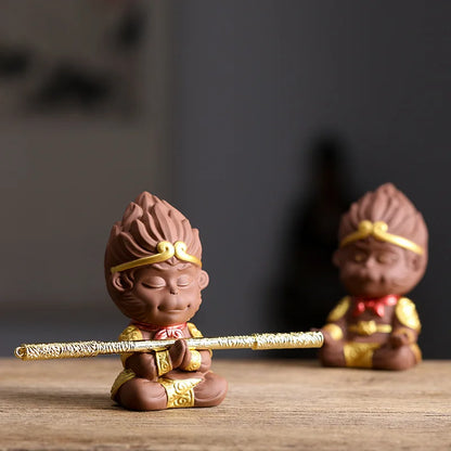 Ceramic TV Character Monkey King Sculpture Statue, Raw ore purple sand tea set ornament Cute Home Decor Crafts 12cm /1.71 in