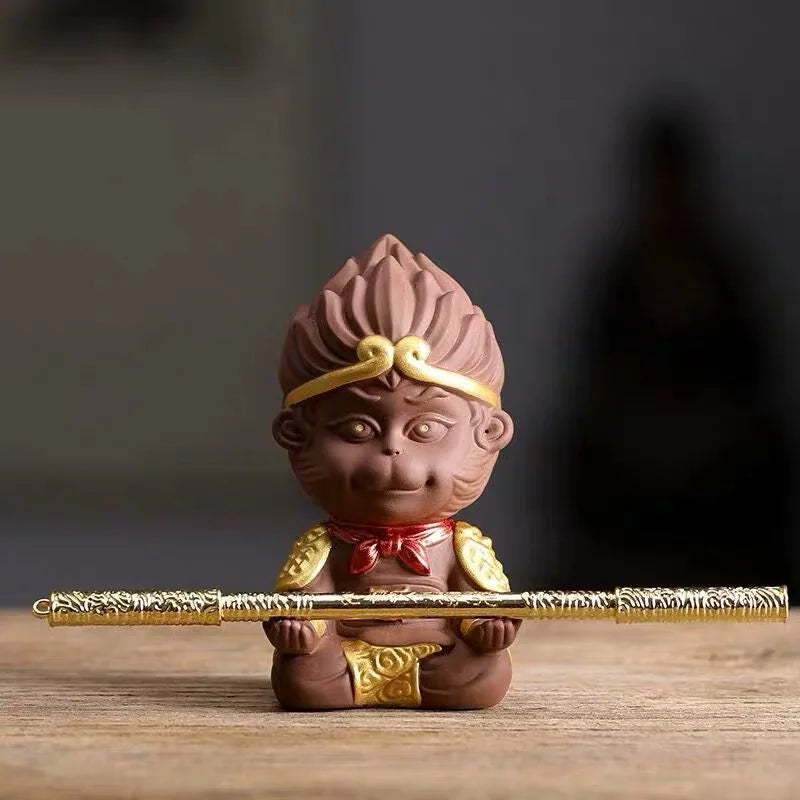 Ceramic TV Character Monkey King Sculpture Statue, Raw ore purple sand tea set ornament Cute Home Decor Crafts 12cm /1.71 in