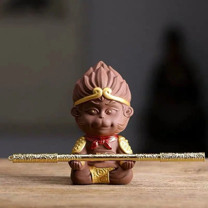 Ceramic TV Character Monkey King Sculpture Statue, Raw ore purple sand tea set ornament Cute Home Decor Crafts 12cm /1.71 in