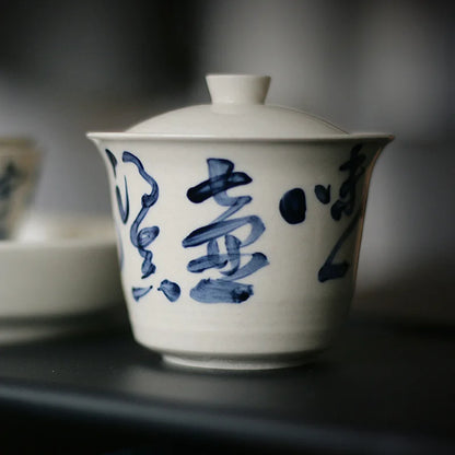 Ceramic Tea Bowl Hucheng Personal Kung Fu Tea Set Grass Ash Hand-painted Poetry Covered Bowl Infuser Teaware Kitchen Dining Bar