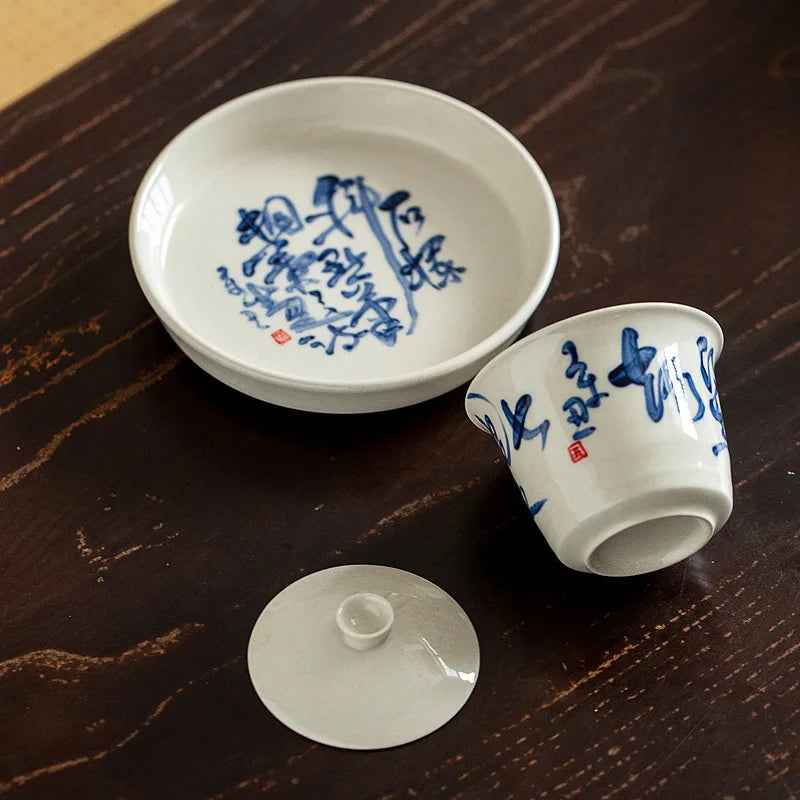 Ceramic Tea Bowl Hucheng Personal Kung Fu Tea Set Grass Ash Hand-painted Poetry Covered Bowl Infuser Teaware Kitchen Dining Bar
