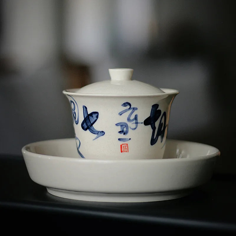 Ceramic Tea Bowl Hucheng Personal Kung Fu Tea Set Grass Ash Hand-painted Poetry Covered Bowl Infuser Teaware Kitchen Dining Bar