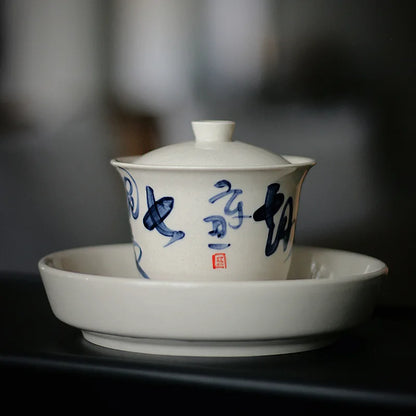 Ceramic Tea Bowl Hucheng Personal Kung Fu Tea Set Grass Ash Hand-painted Poetry Covered Bowl Infuser Teaware Kitchen Dining Bar