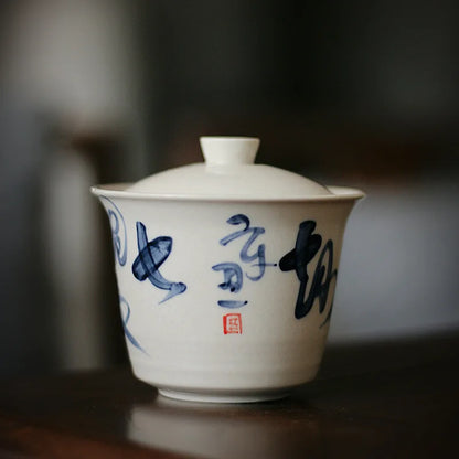 Ceramic Tea Bowl Hucheng Personal Kung Fu Tea Set Grass Ash Hand-painted Poetry Covered Bowl Infuser Teaware Kitchen Dining Bar